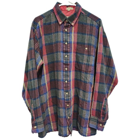 Vintage Van Heusen Mens Flannel Shirt Large Red Plaid Button Front Long Sleeve - Picture 1 of 8